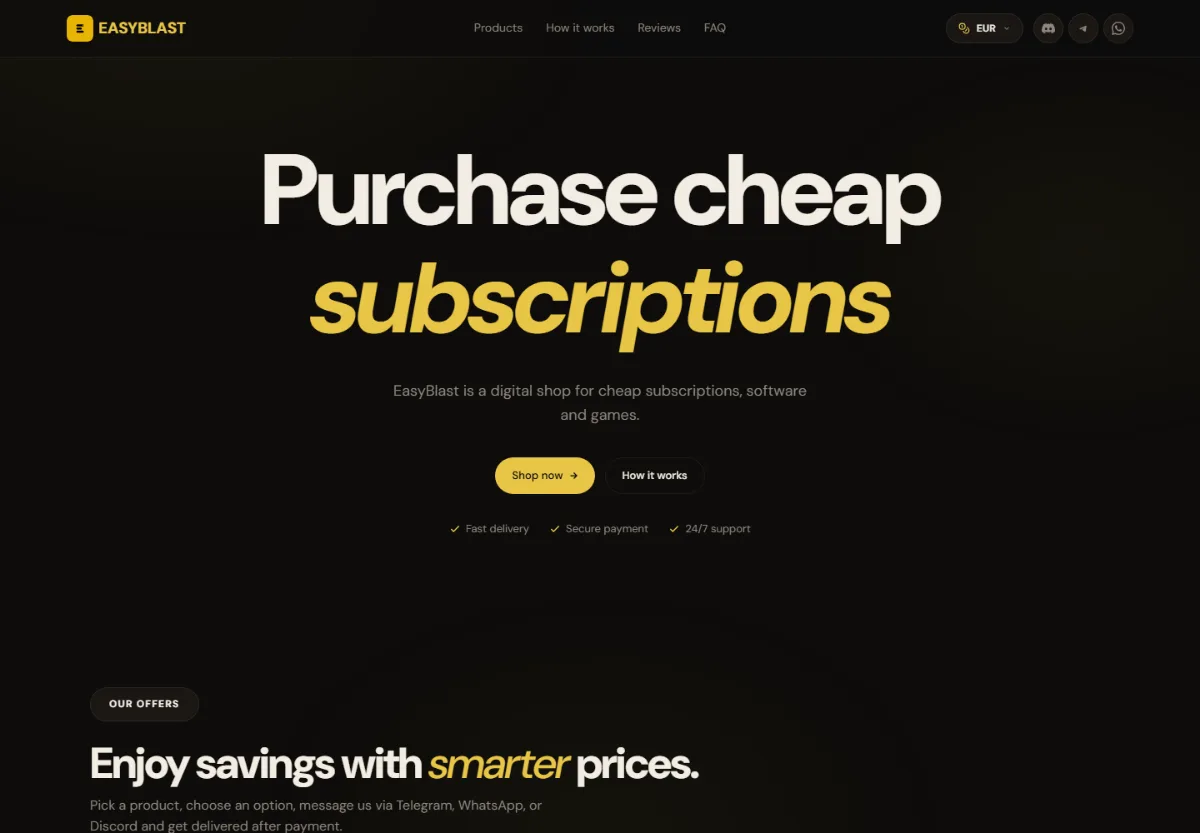 Page d'accueil du site EasyBlast : fond sombre, titre « Purchase cheap subscriptions » et bouton d'achat jaune.